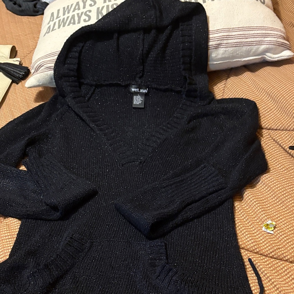 Wet Seal Black V-Neck Sweater with Hood